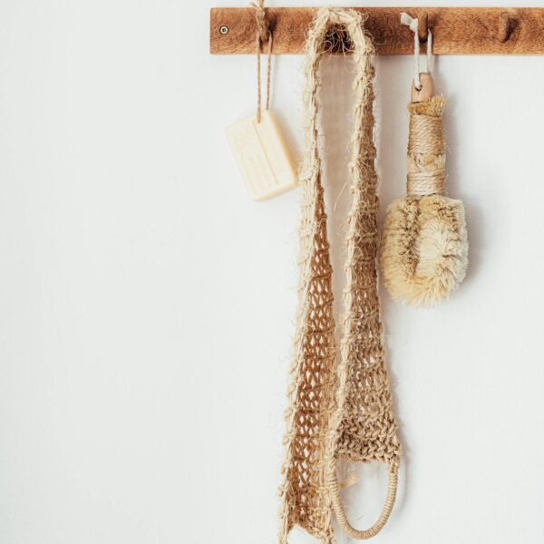 Wooden hanger with eco friendly bathroom accessories